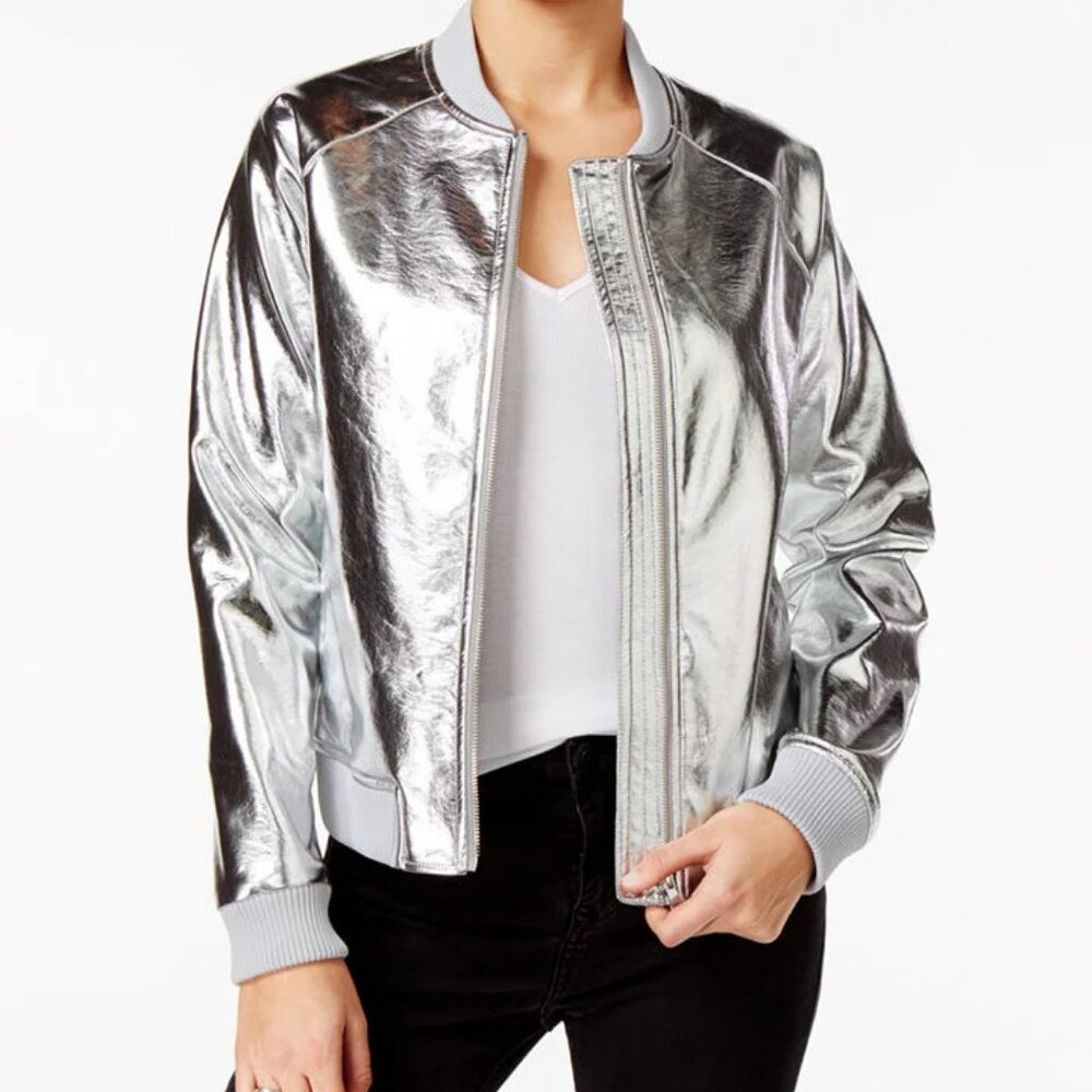 Guess Brock Metallic Bomber Jacket Womens L Casual Silver Full Zip Long‎ Sleeve